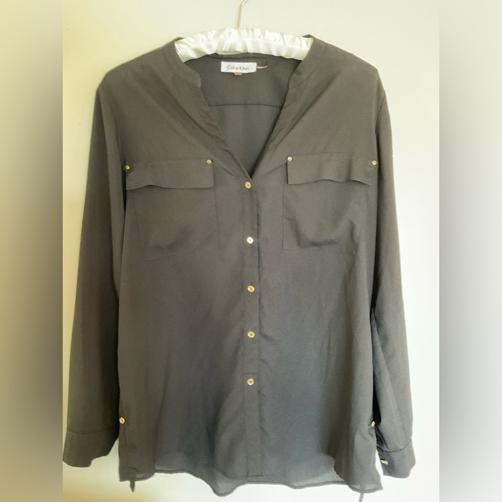 Calvin Klein black button-front roll-sleeve tunic